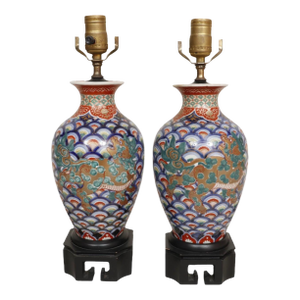 Mid 20th Century Hand Painted Komainu Ceramic Table Lamps - a Pair