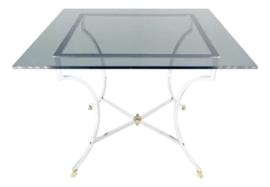 Chrome & Brass Hoof Feet Base Smoked Glass Top Square Game Dinette Table Italy