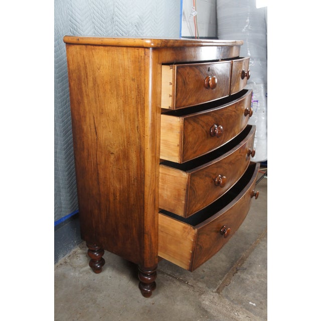 Mid 19th Century Antique Victorian Flame Mahogany Bow Front Tallboy Dresser Chest of Drawers For Sale - Image 4 of 14