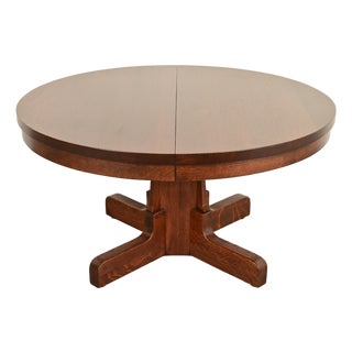 Gustav Stickley Style Antique Mission Oak Arts & Crafts Pedestal Extension Dining Table, Newly Refinished For Sale