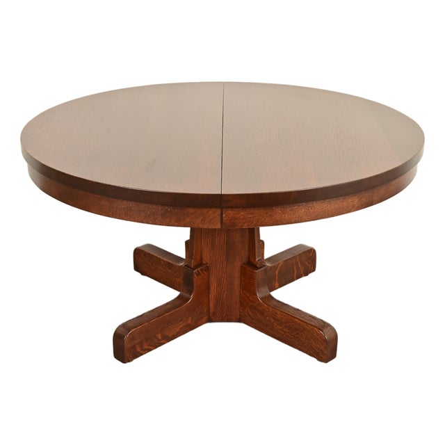 Gustav Stickley Style Antique Mission Oak Arts & Crafts Pedestal Extension Dining Table, Newly Refinished For Sale