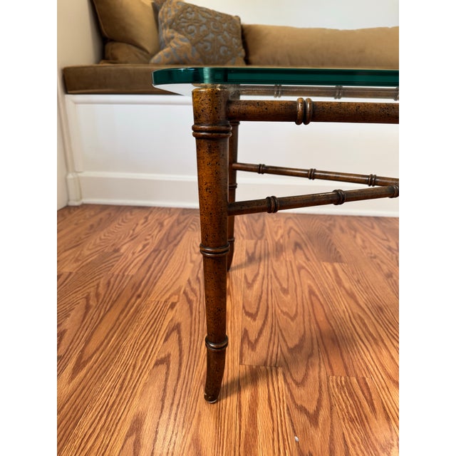 Coffee Vintage Regency Faux Bamboo Brown Metal, Brass & Glass Coffee Table For Sale - Image 8 of 11