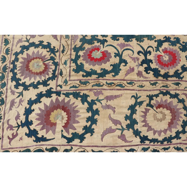Antique Uzbekistan Suzani Textile With Medallion and Floral Vine Embroidery For Sale - Image 10 of 17