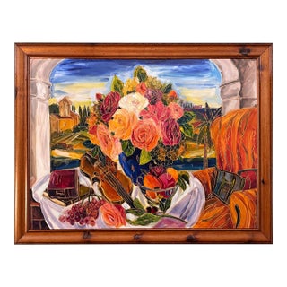 Monumental Maya Eventov Signed Oil Painting, Vibrant Still Life, 43 X 55 In. For Sale
