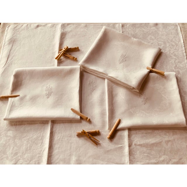 French Exquisite Set of Four French Trousseau Linen Napkins With Art Nouveau Damask, C. 1905 For Sale - Image 3 of 12