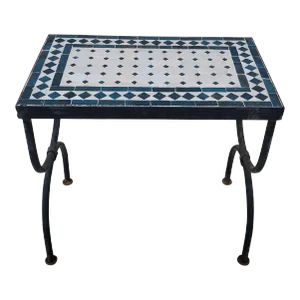 Handmade Moroccan White and Petrol Blue Mosaic Side Table, Rectangular