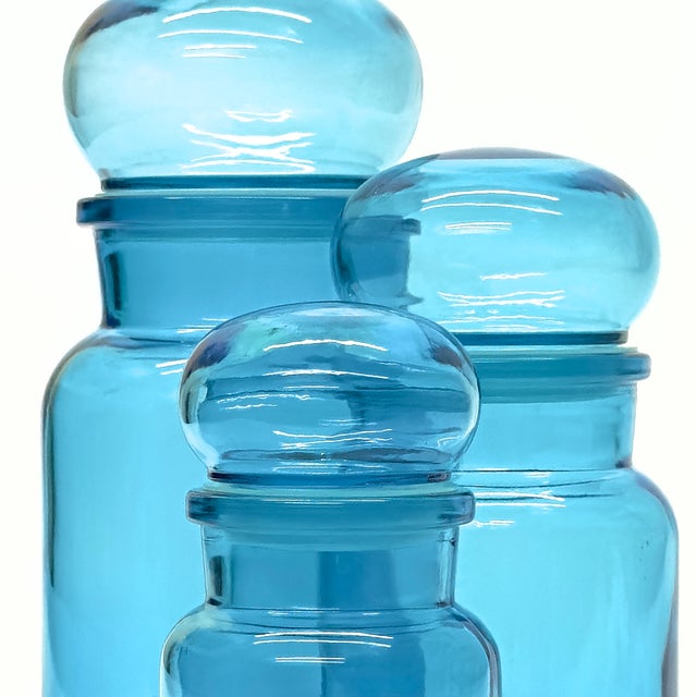 Glass Turquoise Glass Multipurpose Lidded Canisters Made in Belgium - Group of 3 For Sale - Image 7 of 8