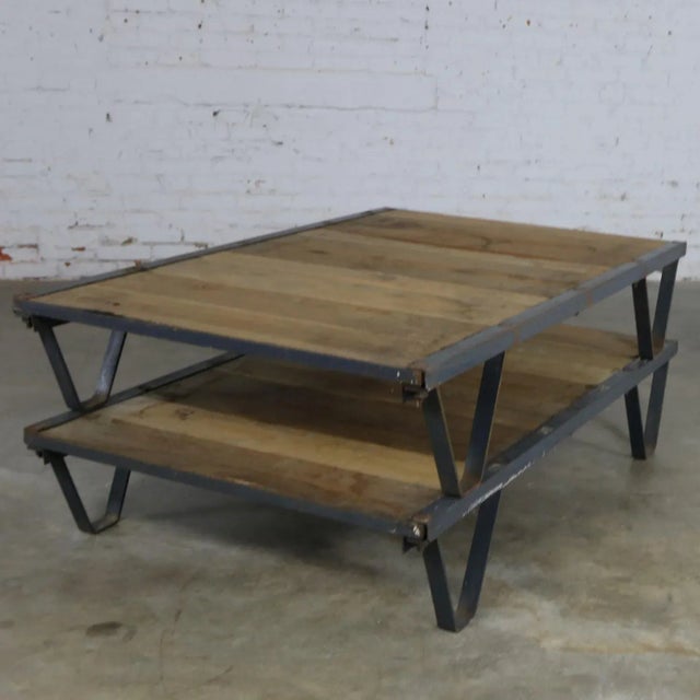 Vintage American Industrial 2 Pallet Coffee Table Oak and Steel Three by Five Feet For Sale - Image 11 of 11