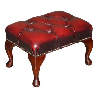 Antique Deep Buttoned Oxblood Leather and Hardwood Ottoman For Sale