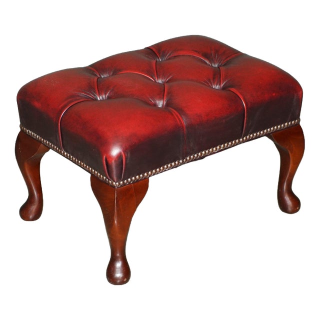 Antique Deep Buttoned Oxblood Leather and Hardwood Ottoman For Sale