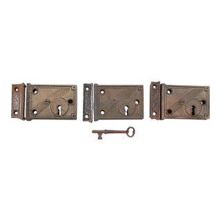 Set of Antique Cast Iron Door Rim Locks With Iron Key For Sale