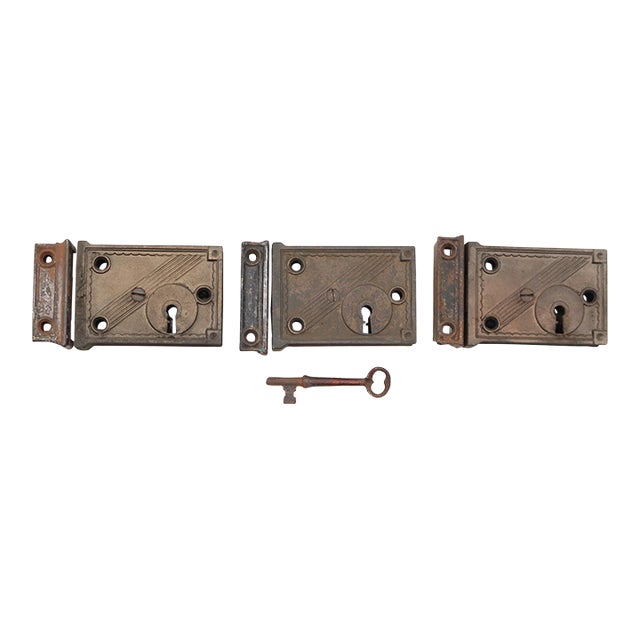 Set of Antique Cast Iron Door Rim Locks With Iron Key For Sale