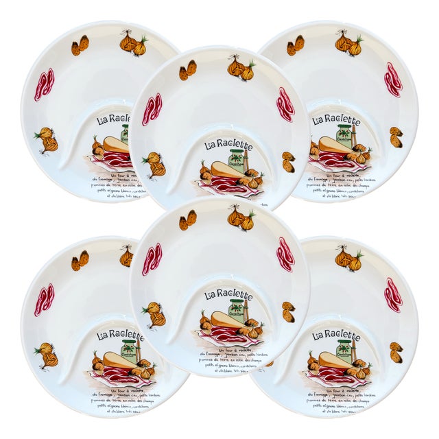 Vintage Pillivuyt France Porcelain La Raclette Divided Plates - Set of 6 For Sale