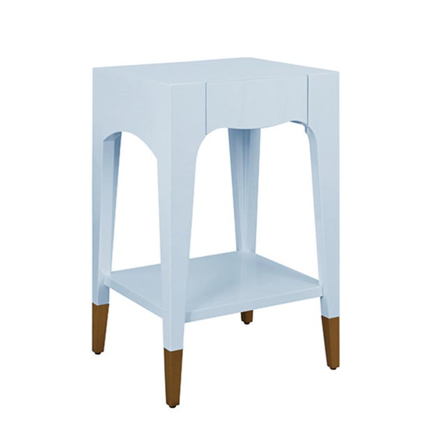 New special order item. Not vintage. Elegant side table featuring tapered legs and antique brass foot caps, finished in a...