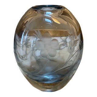 Light Blue Etched Glass Small Flower Vase For Sale