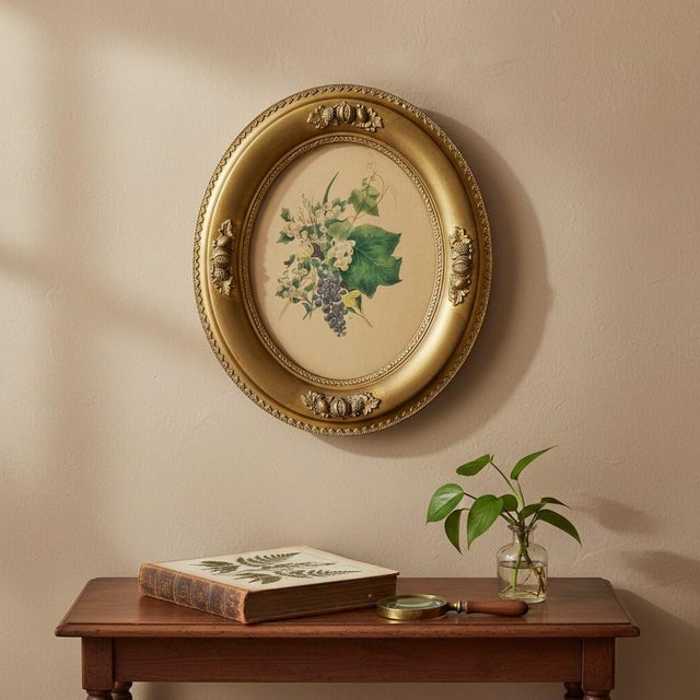 Paper Antique Victorian Botanical Lithograph-Grapes-Oval-Gilt Gesso Wood Frame-Art For Sale - Image 7 of 11
