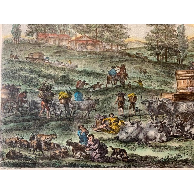 French Provincial Hand Watercolored Print "La Pleine Vendange" Depicting the Grape Harvest-Framed For Sale - Image 3 of 8