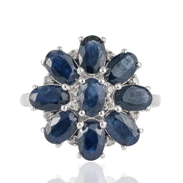 Contemporary Midnight 5.06 Ct Blue Sapphire & Diamond Floral Cluster Cocktail Ring, Size 7 For Sale - Image 3 of 12