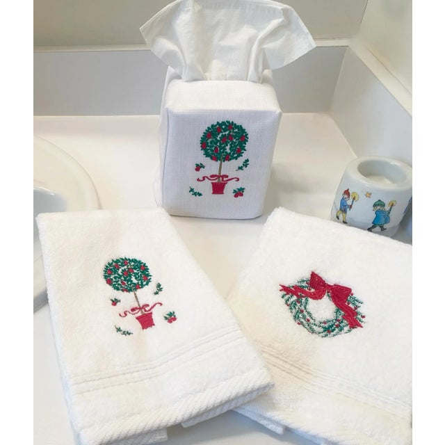 Pear Topiary Tree (Red, Green) Terry Guest Towel, Embroidered For Sale - Image 4 of 5