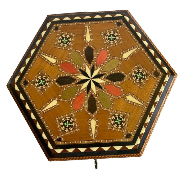 1960s 1960s Moroccan Inlaid Side Table Hexagonal Teak Pedestal Table Damascus Style For Sale - Image 5 of 8