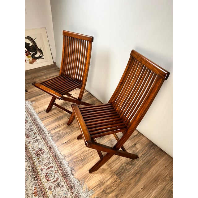 Early 21st Century Pair Vintage Mid-Century Modern Style Teak Folding Chairs For Sale - Image 5 of 10