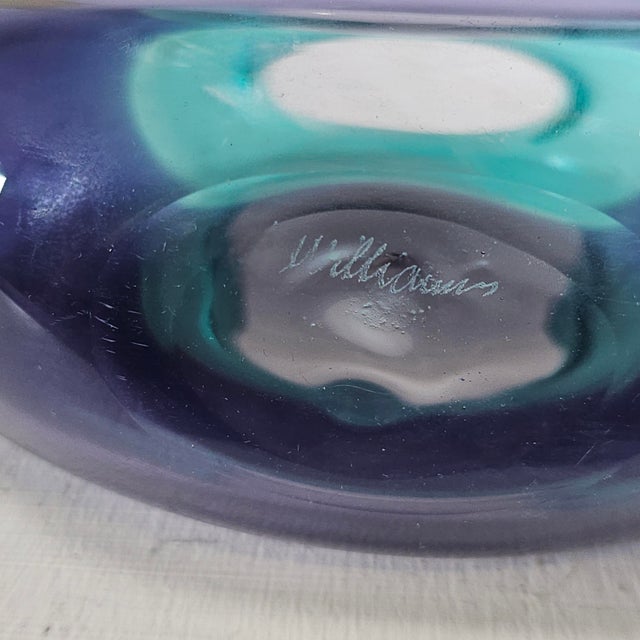 Maureen Williams Signed Australian Studio Art Glass Vase Teal/Amethyst 8" For Sale - Image 4 of 9