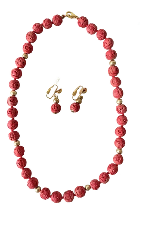 Vintage Chinese Cinnabar Beaded Necklace and Screw Back Earrings Set