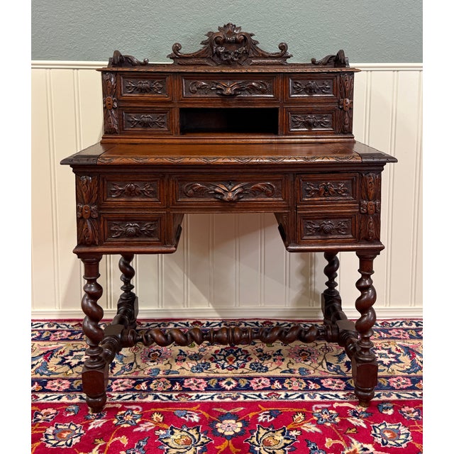 Traditional Antique French Petite Barley Twist Desk Carved Oak Renaissance Revival c.1890 For Sale - Image 3 of 18