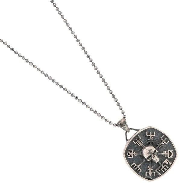 Norse Viking Vegvisir Protection Symbols & Skull Pendant Sterling Silver Necklace is a bold and emblematic accessory that...