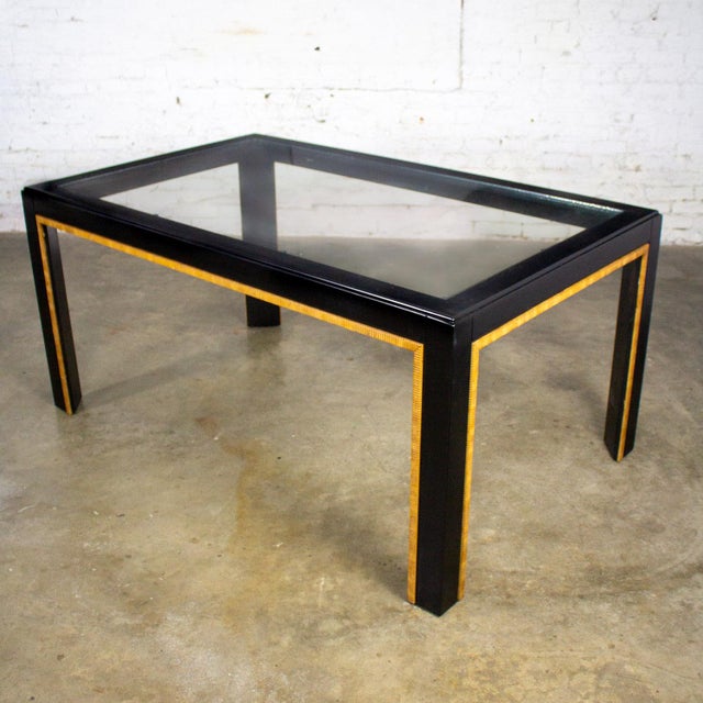 Campaign 1970-1980’s Modern Campaign Parsons Style Dining Table Black Painted W/Faux Rattan Trim & Glass Inset For Sale - Image 3 of 12