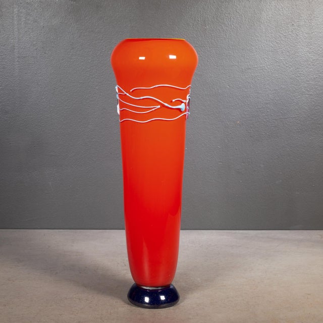 Signed Hand Blown Orange Glass Vase c.1995 For Sale - Image 4 of 6