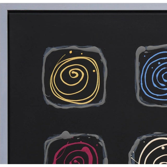 Colorful abstract contemporary painting by Houston, TX artist Winifred Booth. The painting depicts nine multicolored...