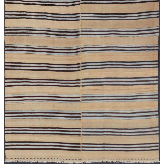 Tribal Turkish Vintage Kilim Striped Rug in Brown, Blue & Cream 5'3 X 12'4 For Sale - Image 3 of 11