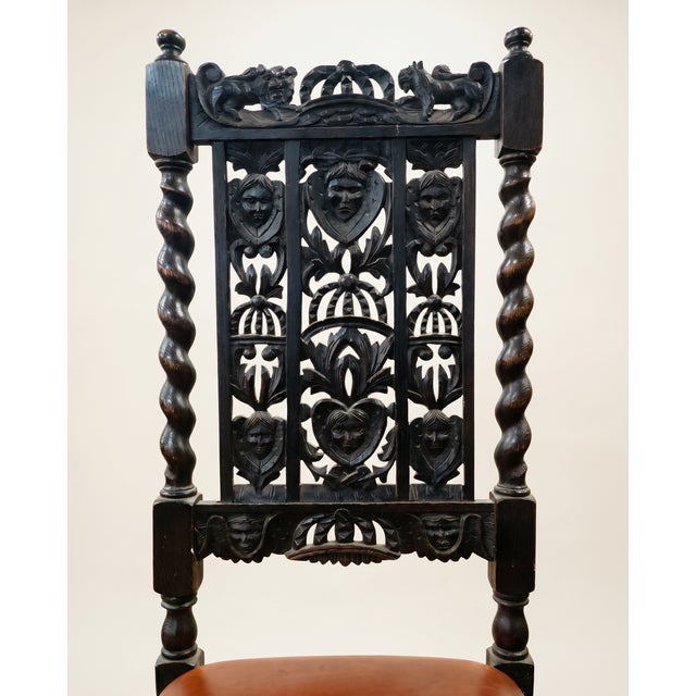 Jacobean Pair of Antique Jacobean Revival Carved Oak Hall Chairs With Heraldic Crest Backs & Leather Seats For Sale - Image 3 of 7