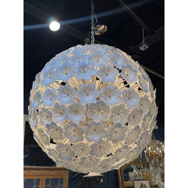Modern Large Scale White Murano Glass Hibiscus Flower Globe Chandelier For Sale - Image 3 of 6