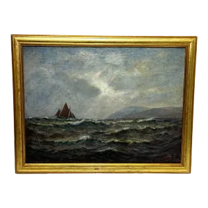 19th Century Nautical Seascape Oil Painting Spring Breeze & Squally Garwick Bay Isle of Man