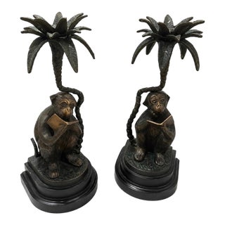 Pair of Vintage Cast Metal "Reading Monkey" Palm Tree Candlesticks For Sale