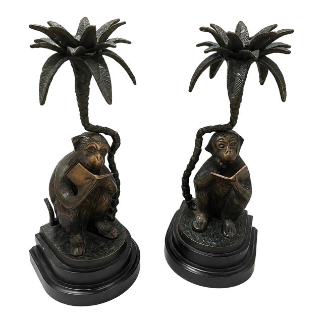 Pair of Vintage Cast Metal "Reading Monkey" Palm Tree Candlesticks For Sale