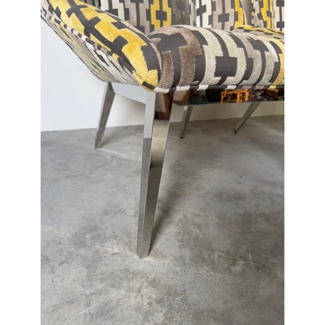 Thayer Coggin Geometric Fabric Upholstery Lounge Chairs With Chrome Legs – A Pair For Sale - Image 15 of 18