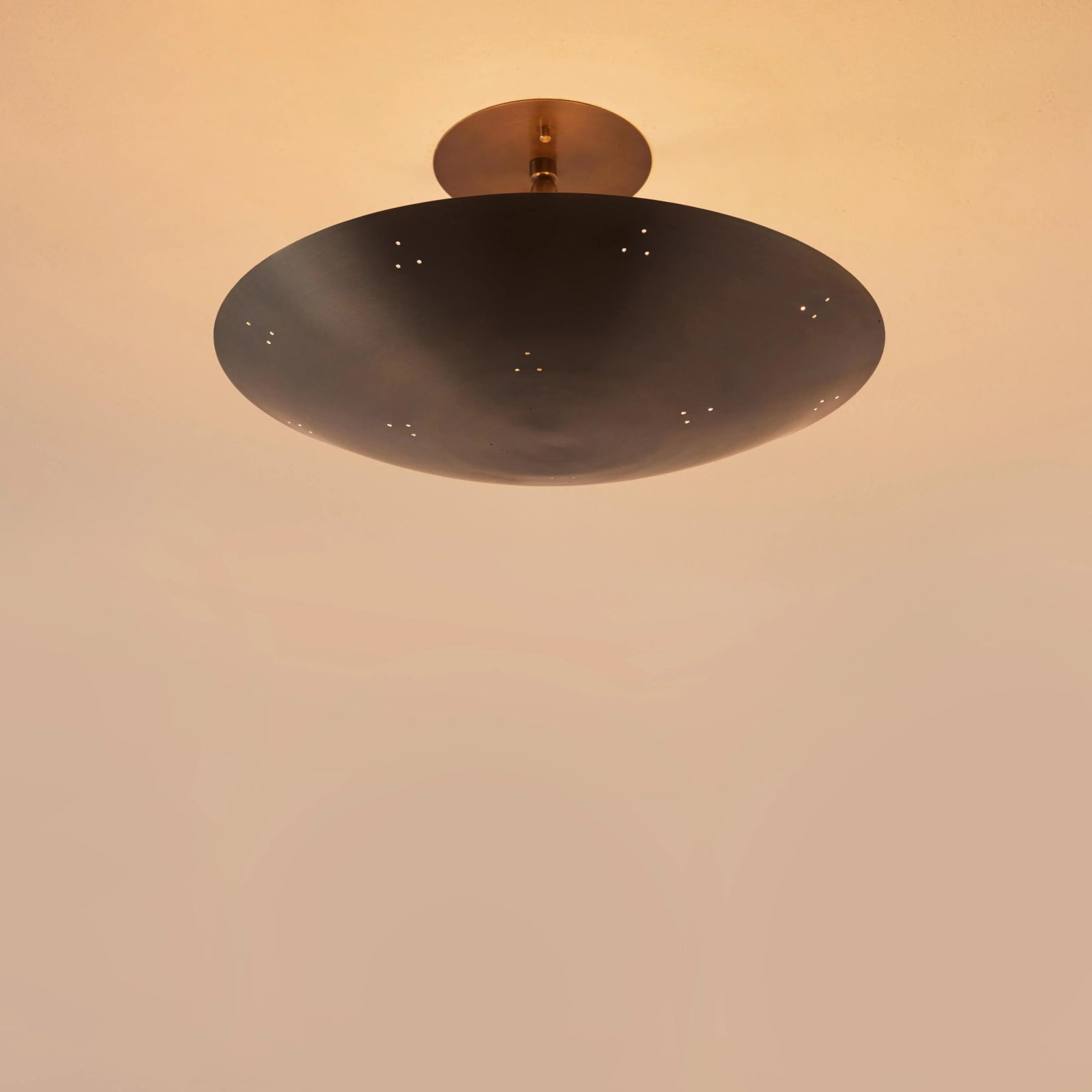Two Enlighten 'Rey' Perforated Patinated Brass Dome Ceiling Lamp