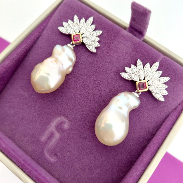 Platinum Diamond, Ruby and Baroque Pearl Platinum Drop Earrings - Fei Liu, Pair For Sale - Image 8 of 9
