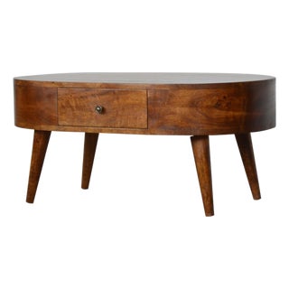 Rounded Chestnut Mango Wood Coffee Table With Drawer For Sale