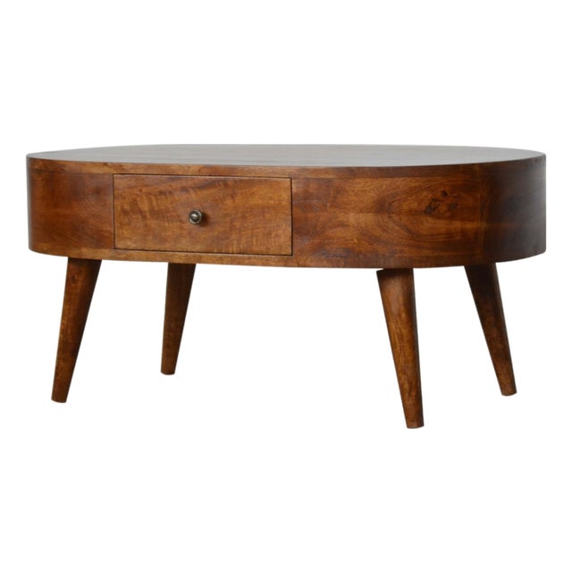 Rounded Chestnut Mango Wood Coffee Table With Drawer For Sale