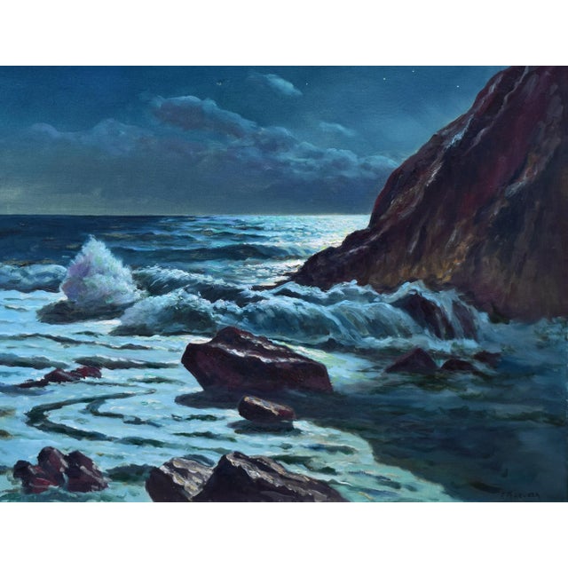 Large Vintage Mid Century Seascape Nocturne Oil Painting by Frank Ferruzza For Sale - Image 4 of 8