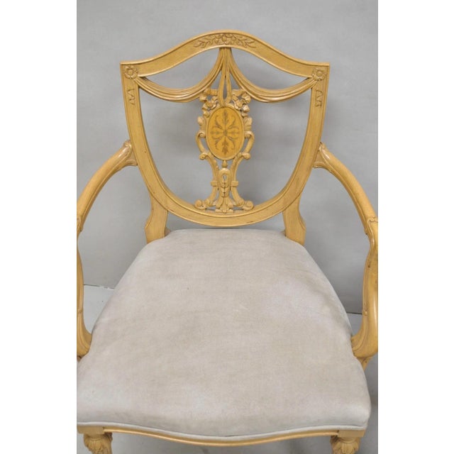 Late 20th Century Late 20th Century Hepplewhite Prince of Wales Drape Carved Shield Back Dining Arm Chairs - A Pair For Sale - Image 5 of 14