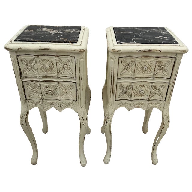 Gorgeous Vintage Pair of French Nightstands Bedside Chests, Two drawers, Marble Top inlay, Shabby Chic Distressed, Petite...