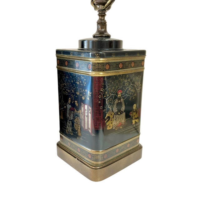 Black Mid 20th Century Pair Frederick Cooper Style Black Chinoiserie English Tin Tea Caddy Lamps With Original Shades For Sale - Image 8 of 18