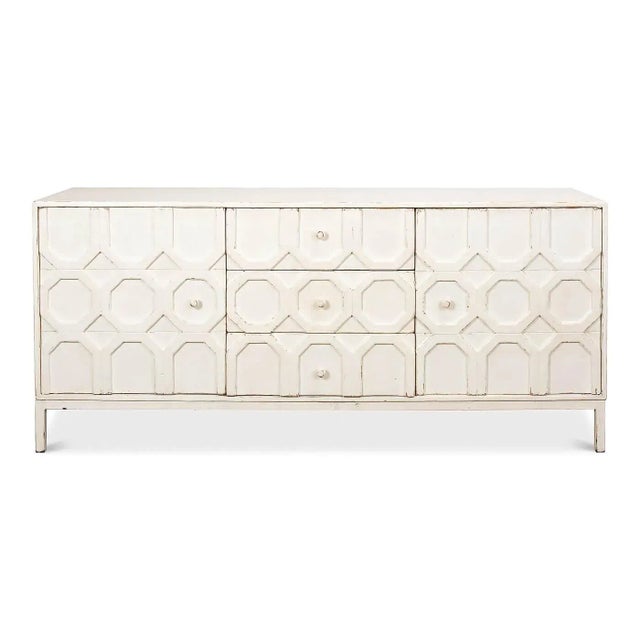 A modern geometric sideboard. This front has a unique applique design with patterns of octagons running down the center....