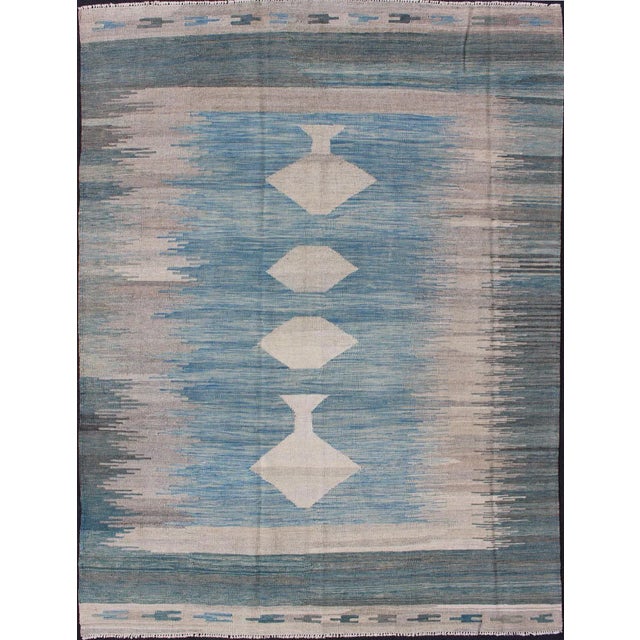 2020s Modern Tribal Kilim in Shades of Blue's and Gray's For Sale - Image 12 of 12