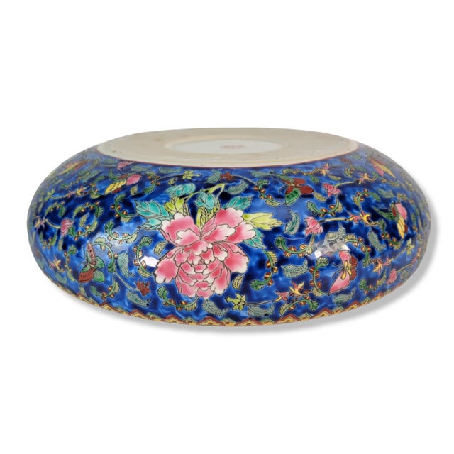 Mid 20th Century Vintage Jingdezhen Enamel Porcelain Bowl With Butterfly and Peony Motif, Chinese Art Pottery 14" For Sale - Image 5 of 13